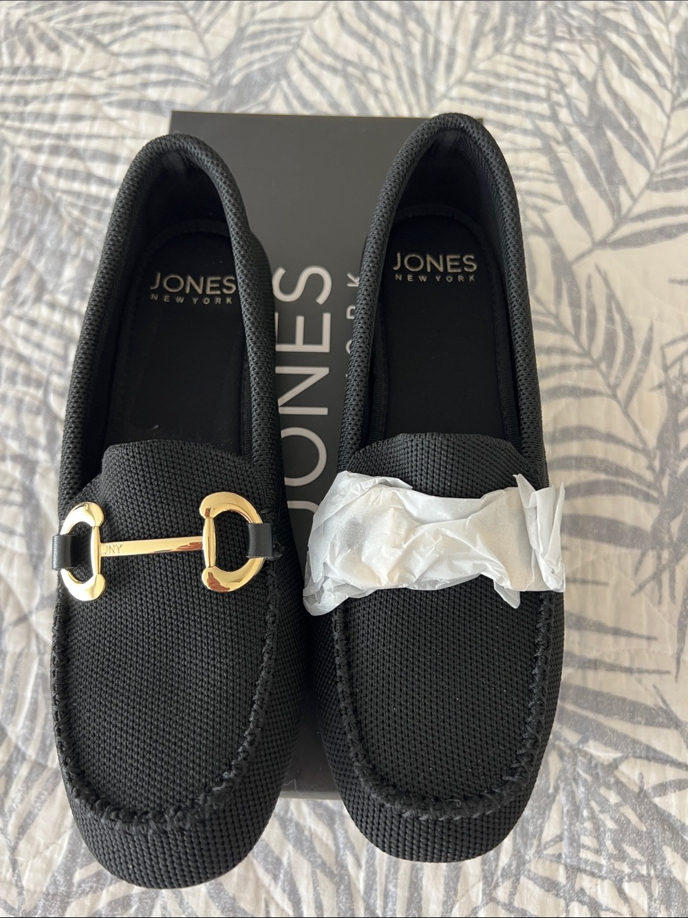 Jones New York Black Knit Moccasin Loafers with Gold Bit